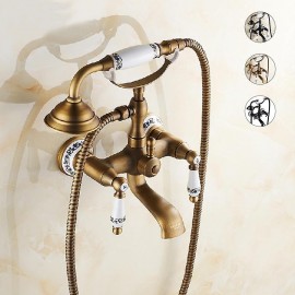 Brass Telephone Shape Pull out Electroplated Copper Finish Two Handles Bathtub Tap