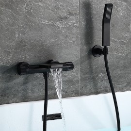 Thermostatic Black Painted Finishes Rotatable Shower Seat Waterfall Spray Mode Bath Shower Mixer Tap Free Standing Bathtub Tap