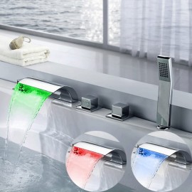 LED Chrome Roman Tub Brass Valve Three Handles Waterfall Bath Shower Mixer Tap Style Bathtub Tap