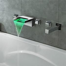 Chrome Wall Mounted Brass Waterfall LED Valve Bath Shower Mixer Tap Three Handles Bathtub Tap