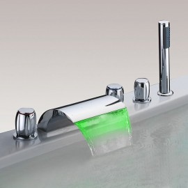 Three Handles LED Chrome Waterfall Bath Shower Mixer Tap Hand Shower Brass Bathtub Tap