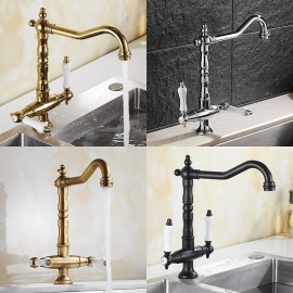 Retro Style Two Handles Rotatable Chrome Brass Nickel Brushed Kitchen Tap