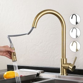 Sprayer Pull out Hign Arc Rotatable Multi function Brushed Gold Finish Single Handle Kitchen Tap
