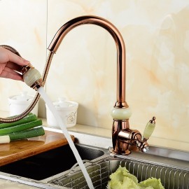 Brass High Arc Golden Rose Gold Rotatable Pull out Multi function Single Handle Electroplated Finish Kitchen Tap