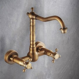 Retro Style Brass Wall Mounted Two Handles Brass Traditional Kitchen Tap
