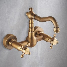 Wall Mounted Two Handles Traditional Kitchen Tap Antique Brass Kitchen Tap