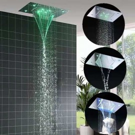 Chrome 3 Color LED Rain Mixer Complete with Rainfall Shower Head Ceiling Mounted Color Change By Water Temperature Hydor Power No Battery Needed