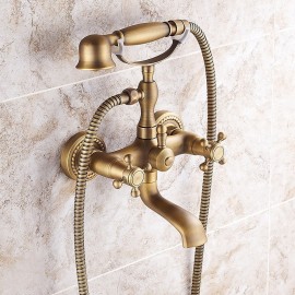 pullout Country Antique Brass Electroplated Mount Outside Bath Shower Mixer Tap Two Handles Shower Tap