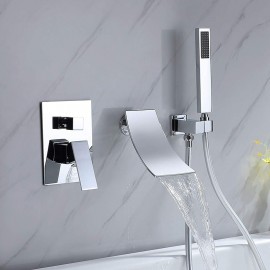 Waterfall Spout Tub Filler Solid Brass Black Finished Waterfall Tub Tap with Handheld Shower Bathtub Tap