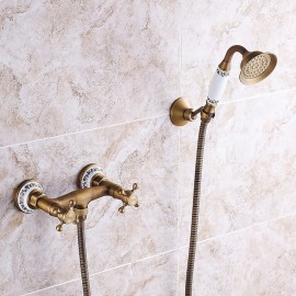 pullout Country Antique Brass Mount Outside Bath Shower Mixer Tap Two Handles Shower Tap