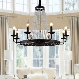 Vintage Crystal Pendant Lighting Black Iron Candle Chandelier