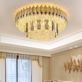 Crystal Flush Mount Round Electroplated Phoenix Tail Gold Luxury Decrative Ceiling Light 80cm