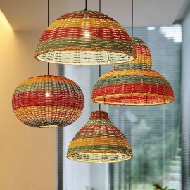 Bamboo And Rattan Pendant Light Colorful Striped Interval Handwoven Lamp Shade Ceiling Lamp