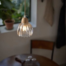 Glass Pendant Light Retro Pastoral Style Kitchen Island Ceiling Light Rubber Wood Decorative Lamp