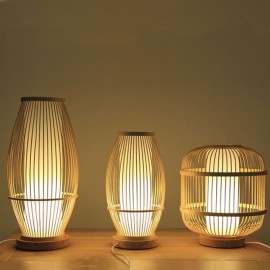 Hollow Shade Bamboo Table Lamp Chinese Simple Bedside Desk Lamp Teahouse Lighting