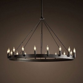 Black Farmhouse Wagon Wheel Chandelier – Rustic Iron Ring Candle Pendant Light